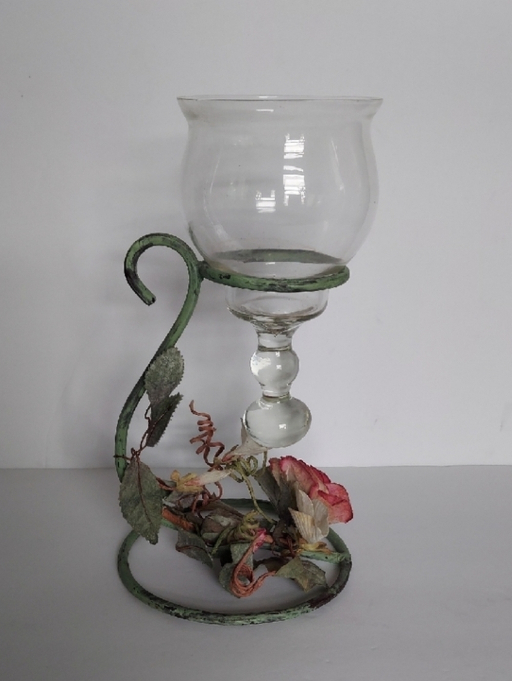 Clear Glass Hurricane Candle Holder with Green Metal Base with Floral Details